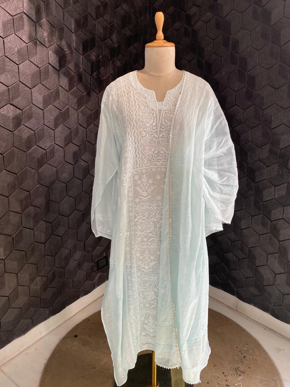 Icy Mint Chanderi Chikankari Kurta Set