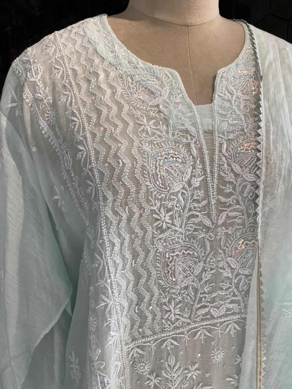 Icy Mint Chanderi Chikankari Kurta Set