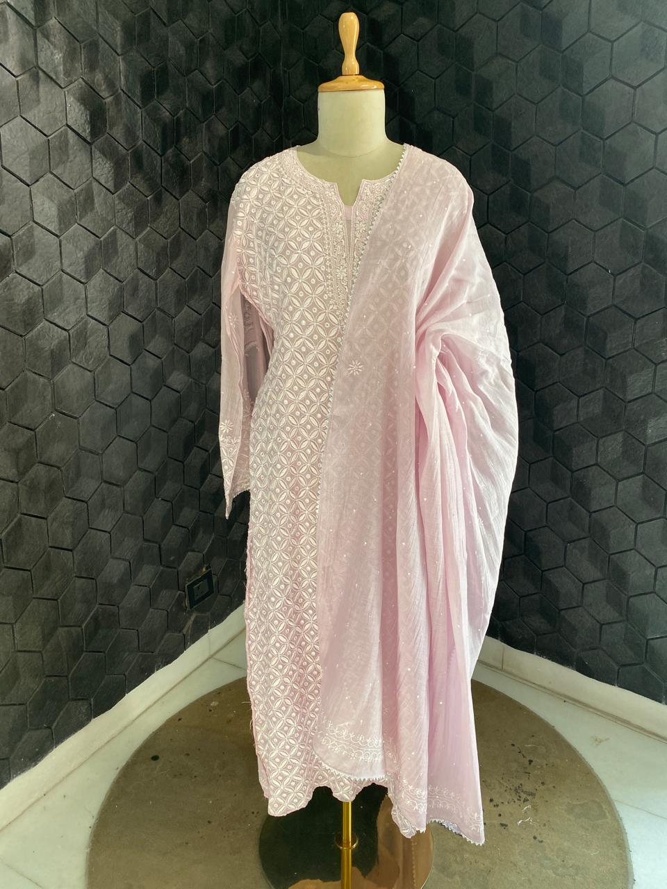 Lilac Mul chanderi Chikankari Kurta Set