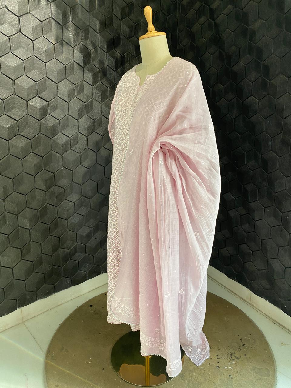 Lilac Mul chanderi Chikankari Kurta Set