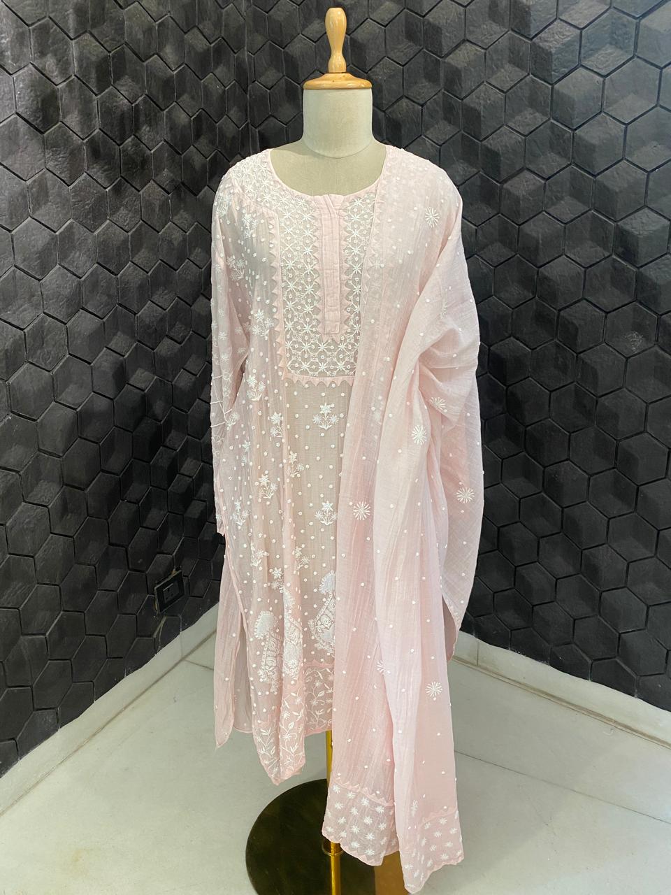 Pink Mul Chanderi Chikankari Kurta Set