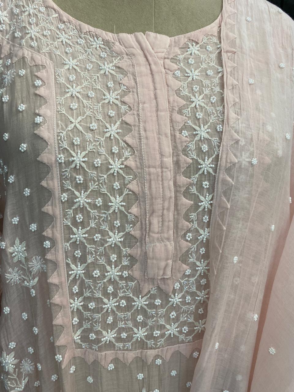 Pink Mul Chanderi Chikankari Kurta Set