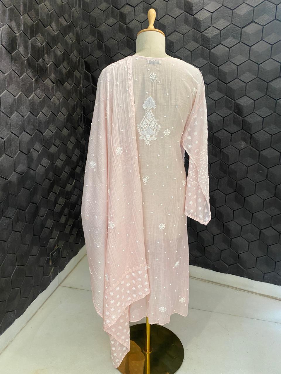 Pink Mul Chanderi Chikankari Kurta Set