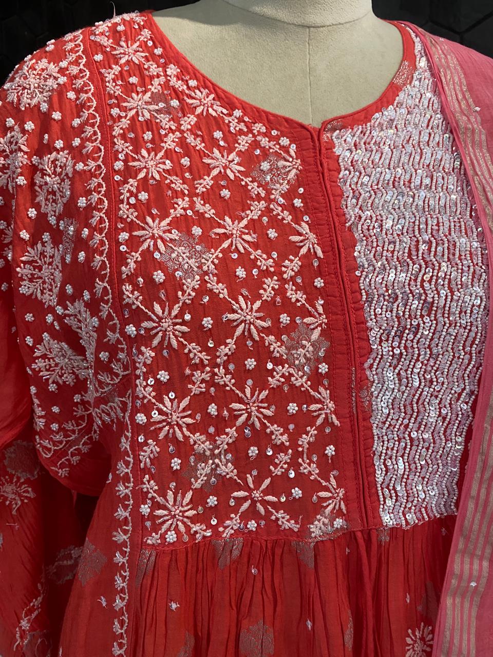 Fuschia pink mul chanderi with yoke gatheres kurta set