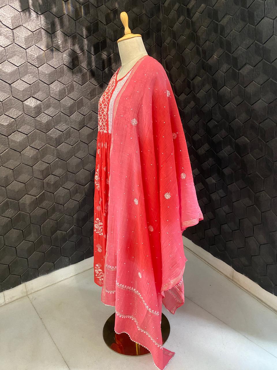 Fuschia pink mul chanderi with yoke gatheres kurta set
