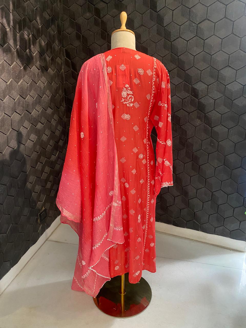 Fuschia pink mul chanderi with yoke gatheres kurta set