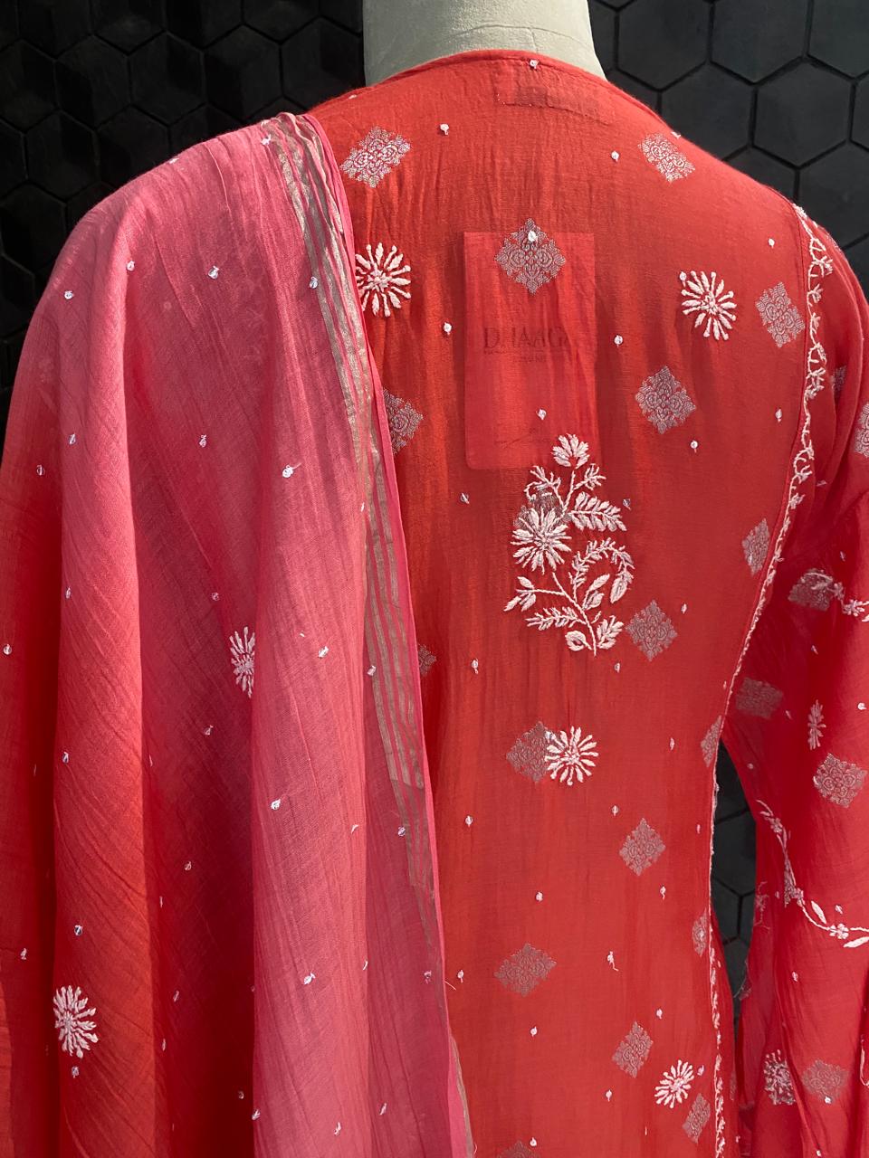Fuschia pink mul chanderi with yoke gatheres kurta set