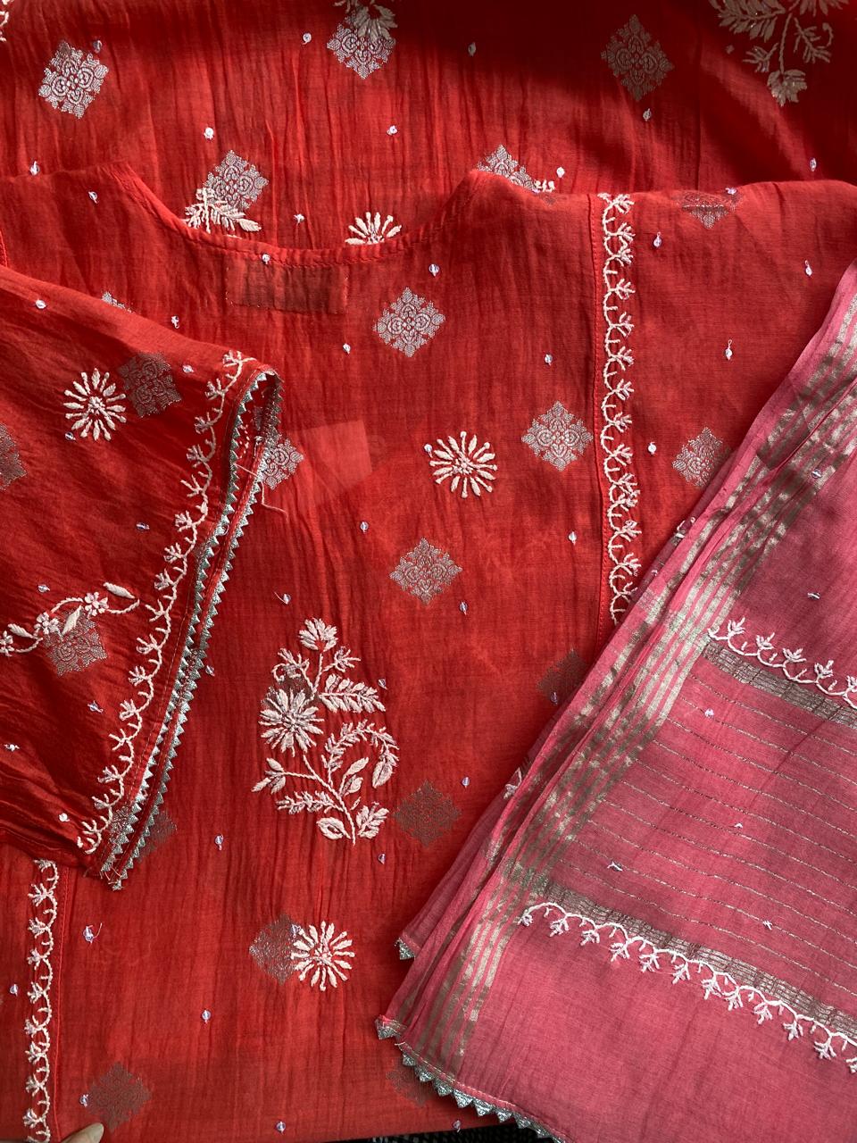 Fuschia pink mul chanderi with yoke gatheres kurta set