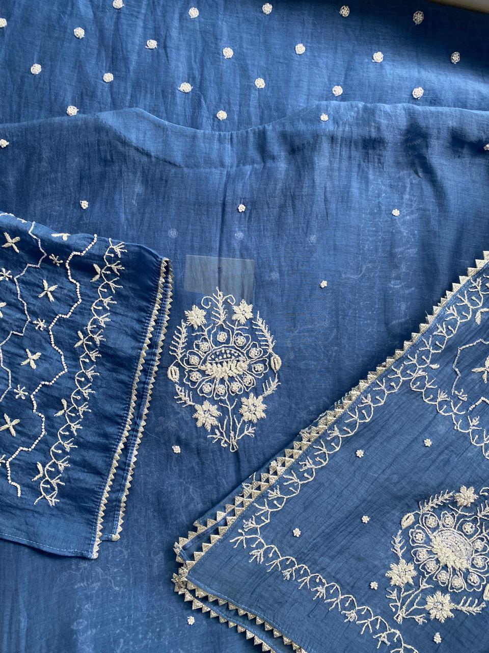 Cobalt Blue Mul Chanderi chikankari Kurta set