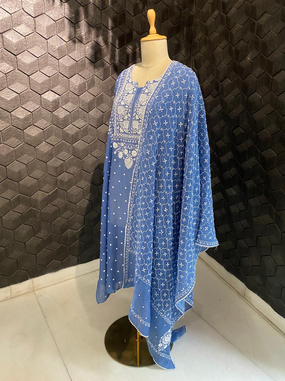 Cobalt Blue Mul Chanderi chikankari Kurta set