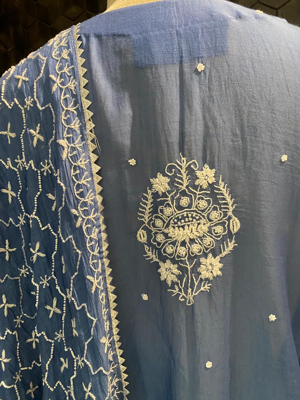 Cobalt Blue Mul Chanderi chikankari Kurta set