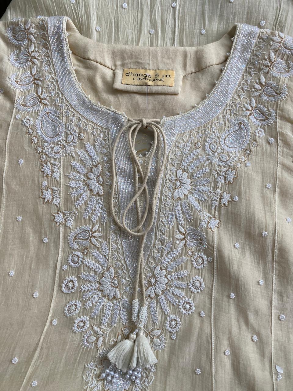 Cream Mul Chanderi Chikankari Anarkali Set