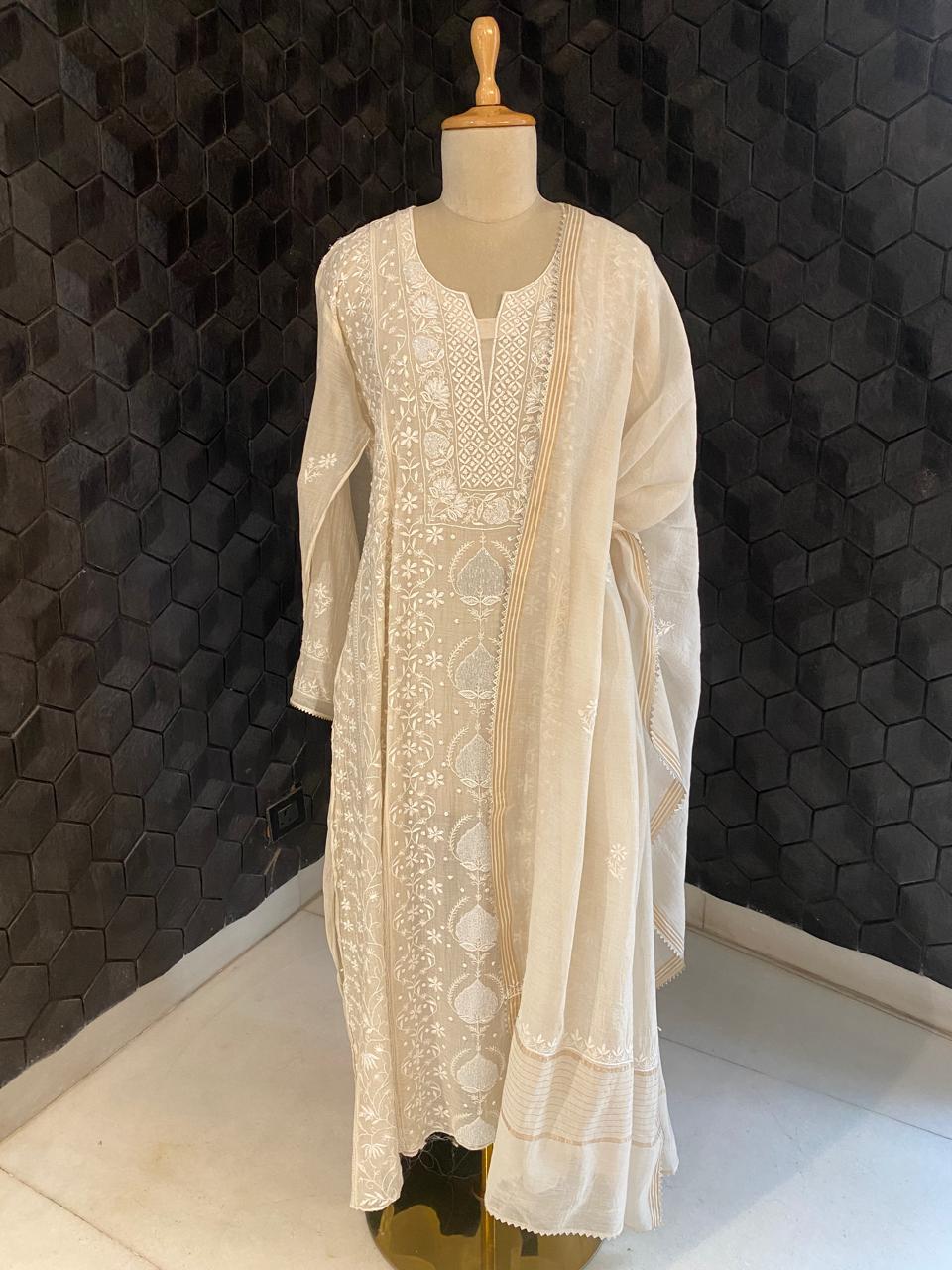 beige mul chanderi pannel chikankari Kurta set