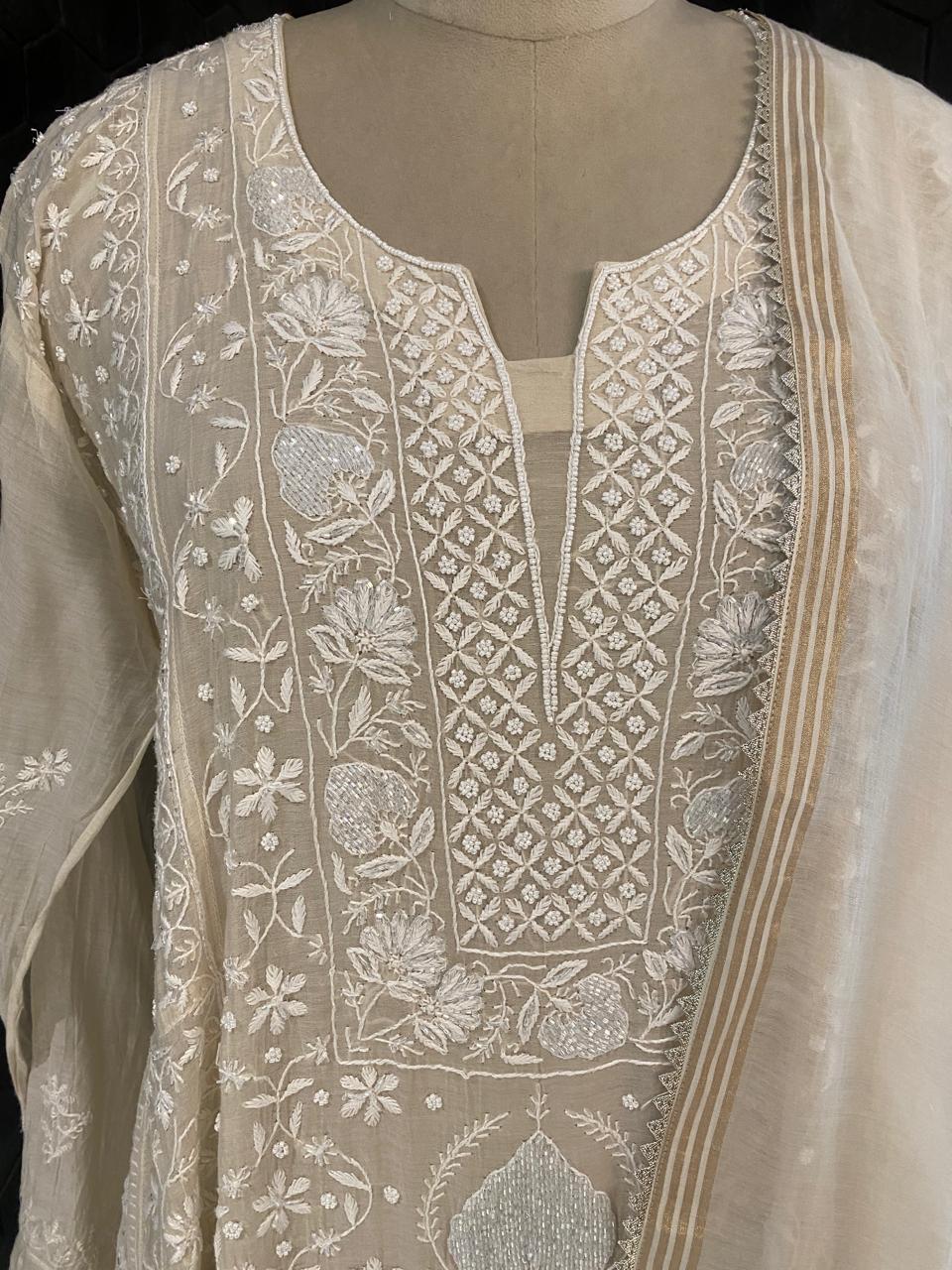 beige mul chanderi pannel chikankari Kurta set