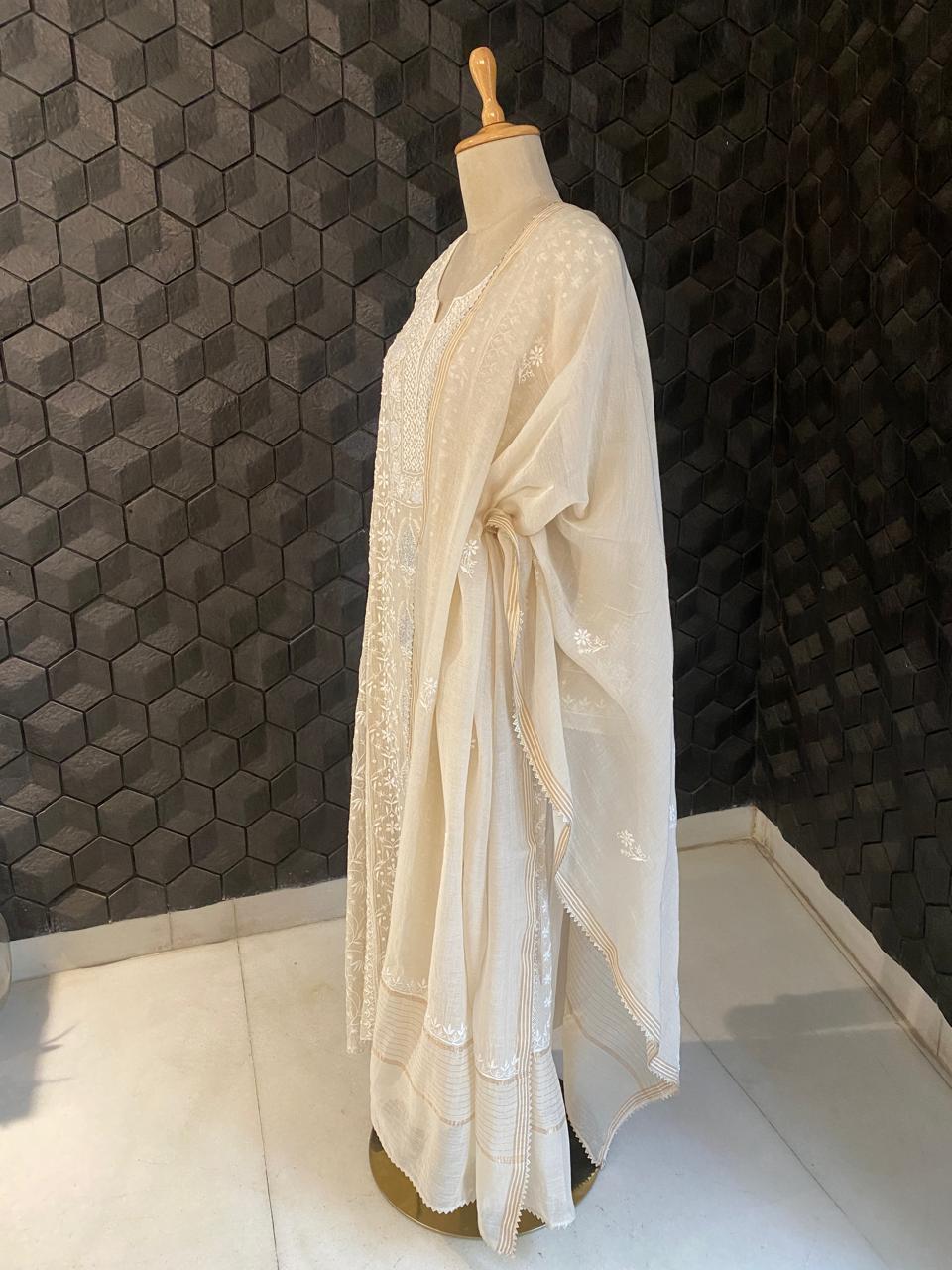 beige mul chanderi pannel chikankari Kurta set