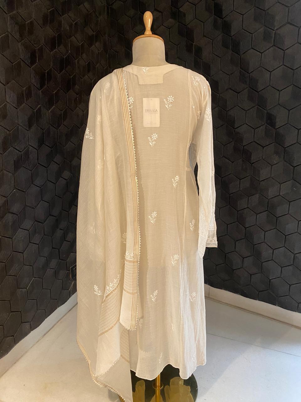 beige mul chanderi pannel chikankari Kurta set