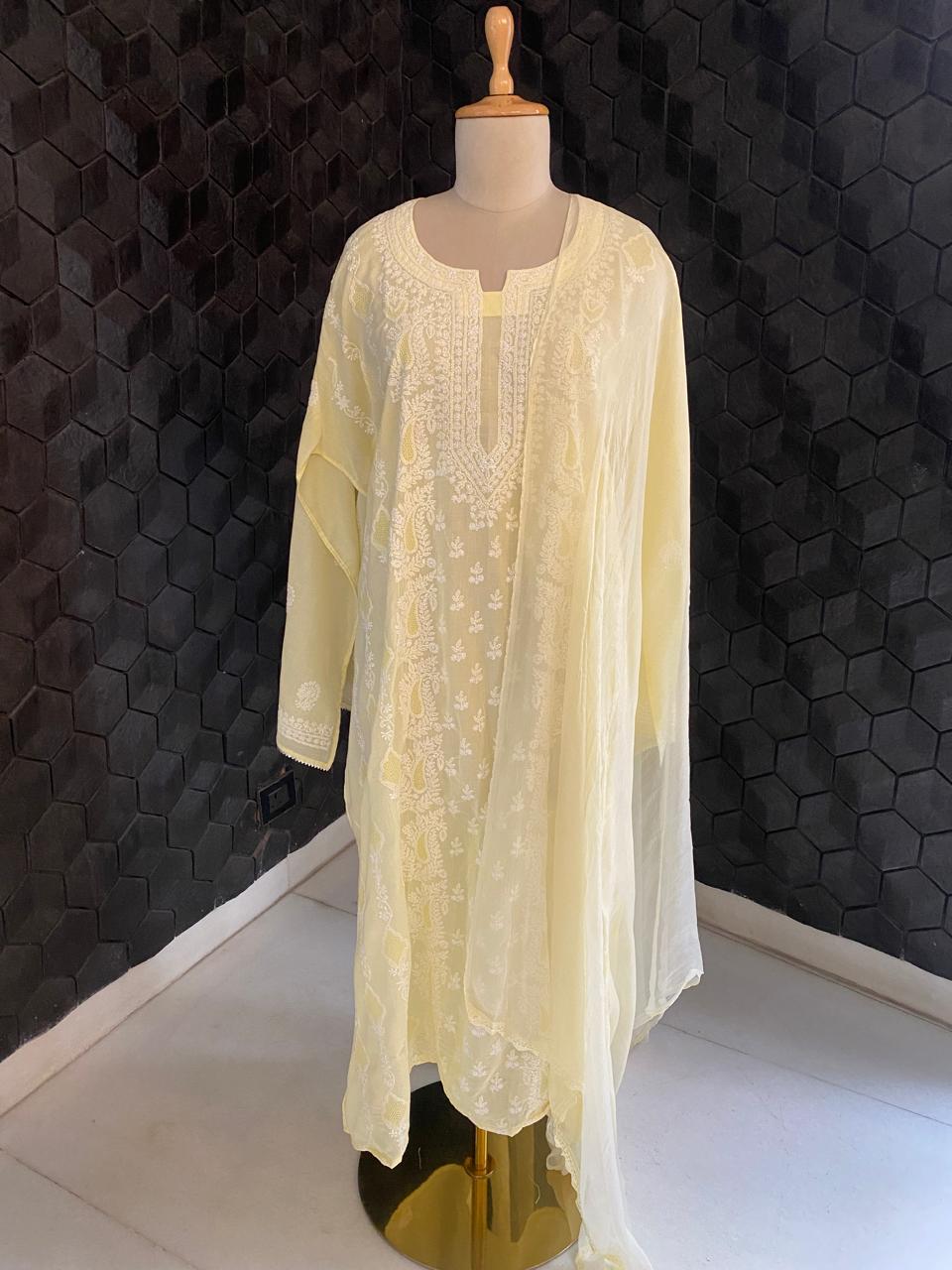 lemon yellow mul chanderi chikankari kurta set