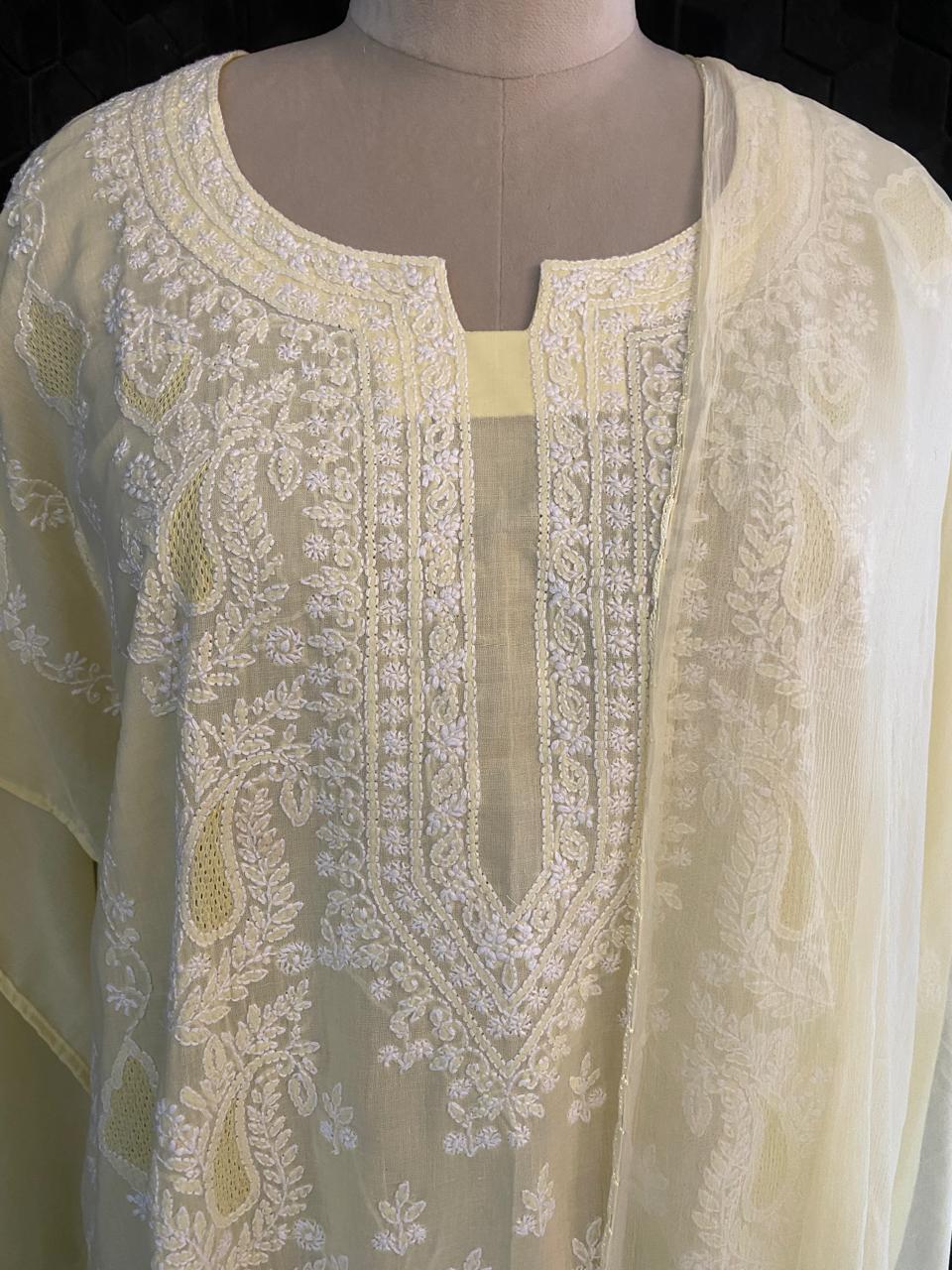 lemon yellow mul chanderi chikankari kurta set