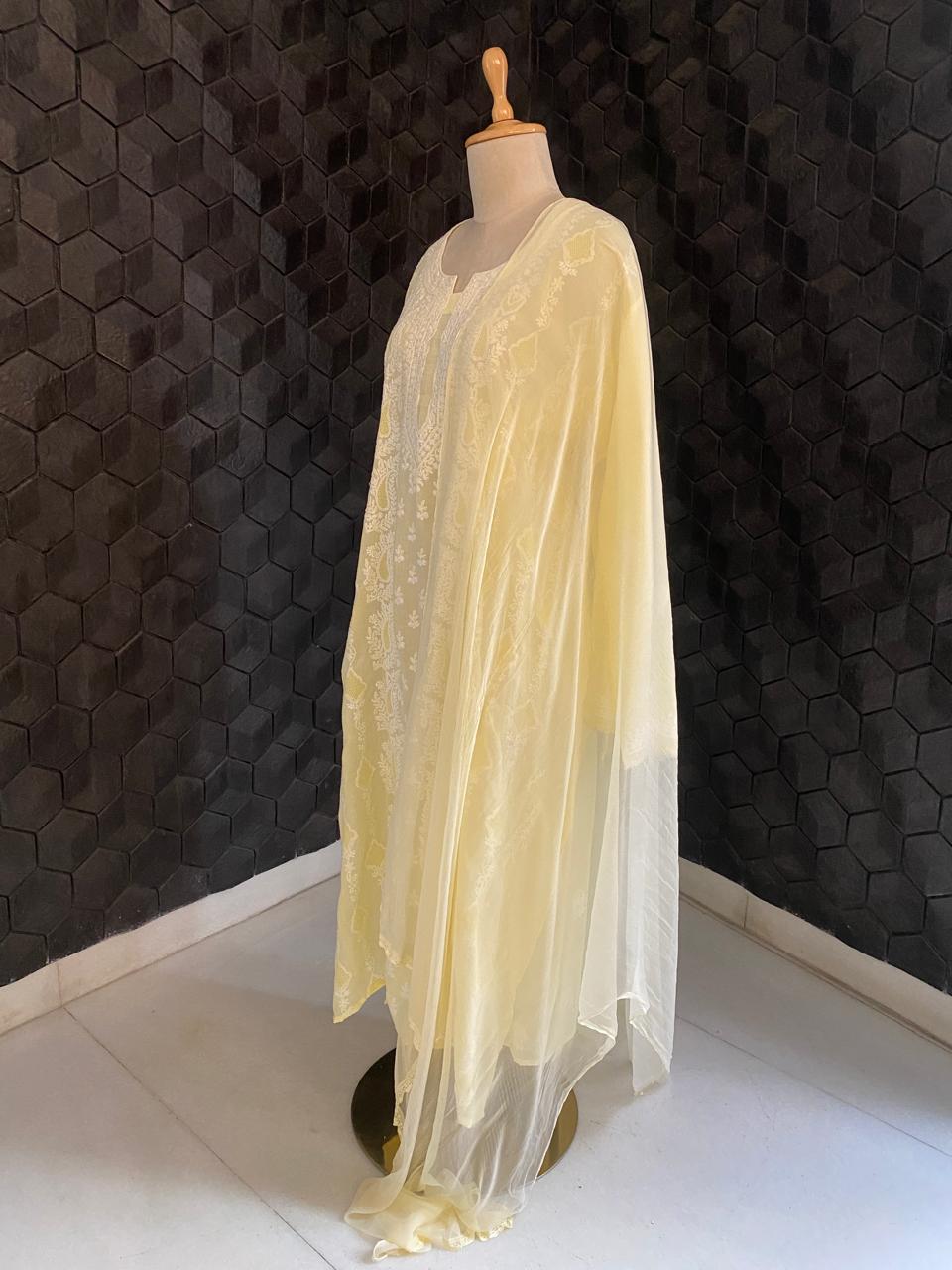 lemon yellow mul chanderi chikankari kurta set
