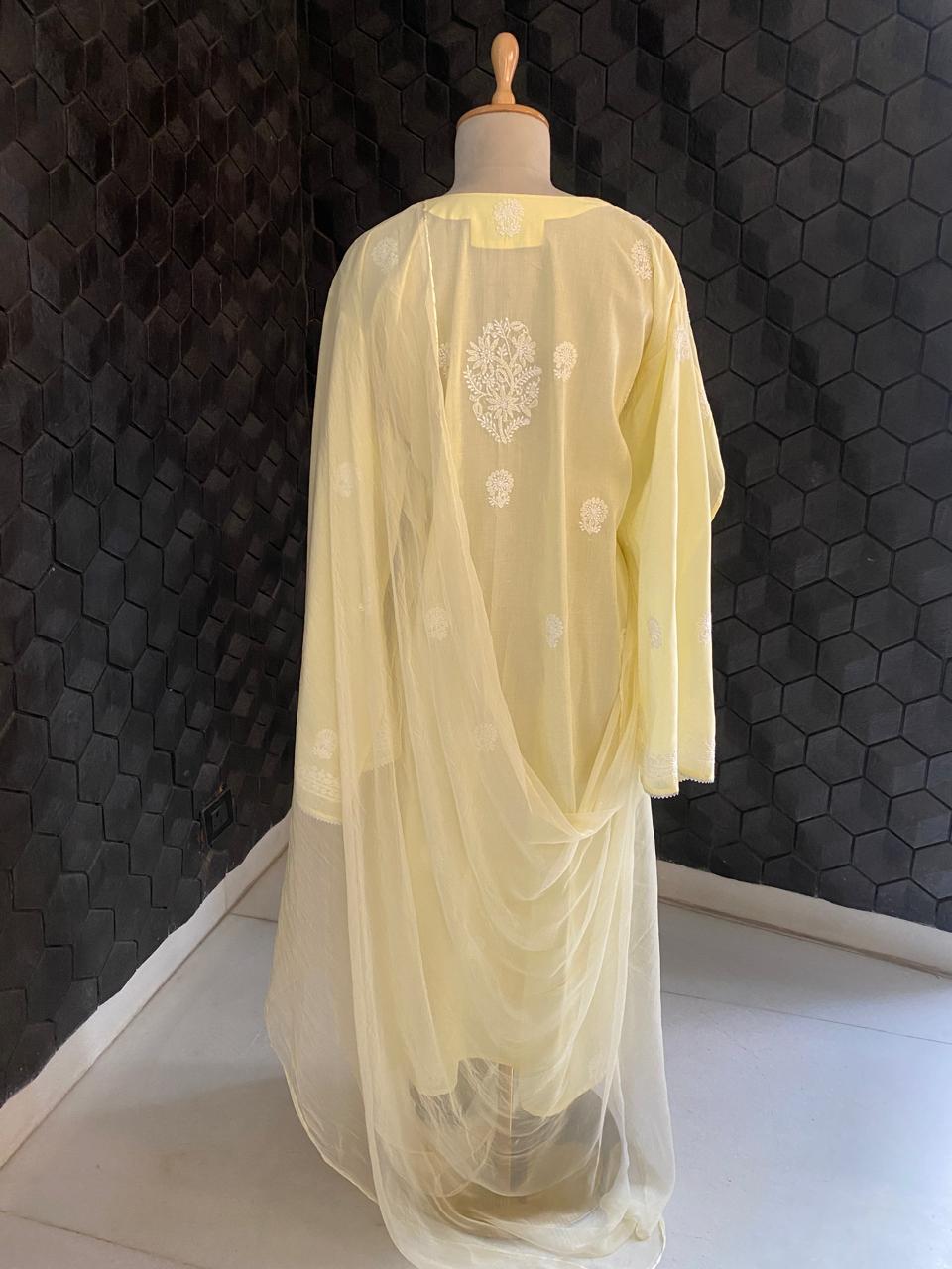 lemon yellow mul chanderi chikankari kurta set