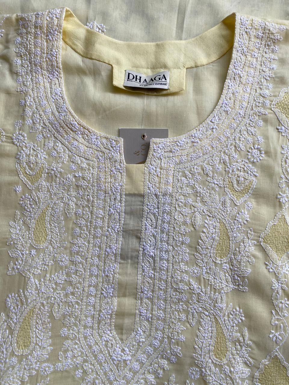 lemon yellow mul chanderi chikankari kurta set