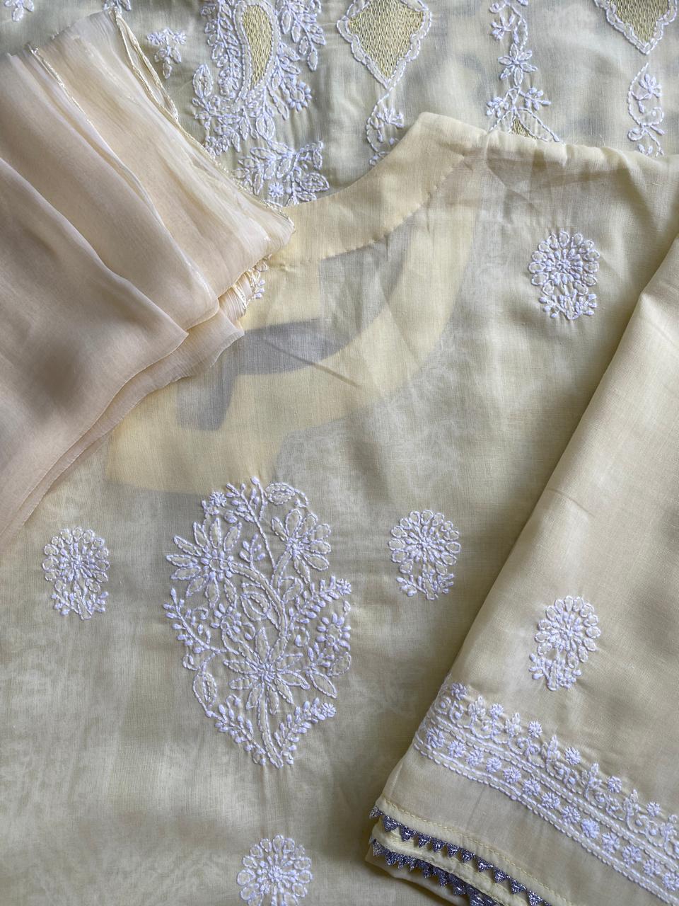 lemon yellow mul chanderi chikankari kurta set