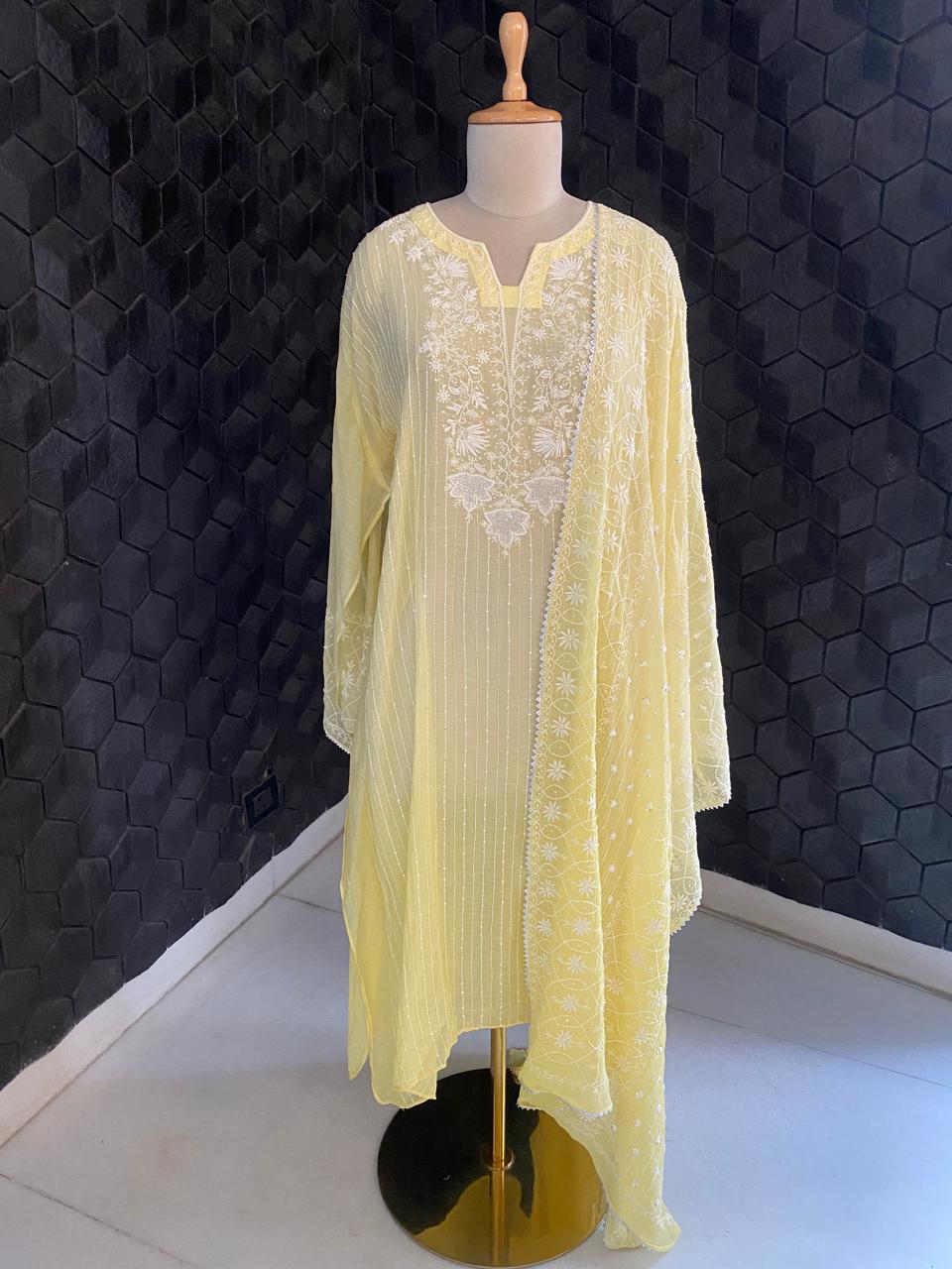 butter yellow Mul Chanderi Chikankari Kurta Set