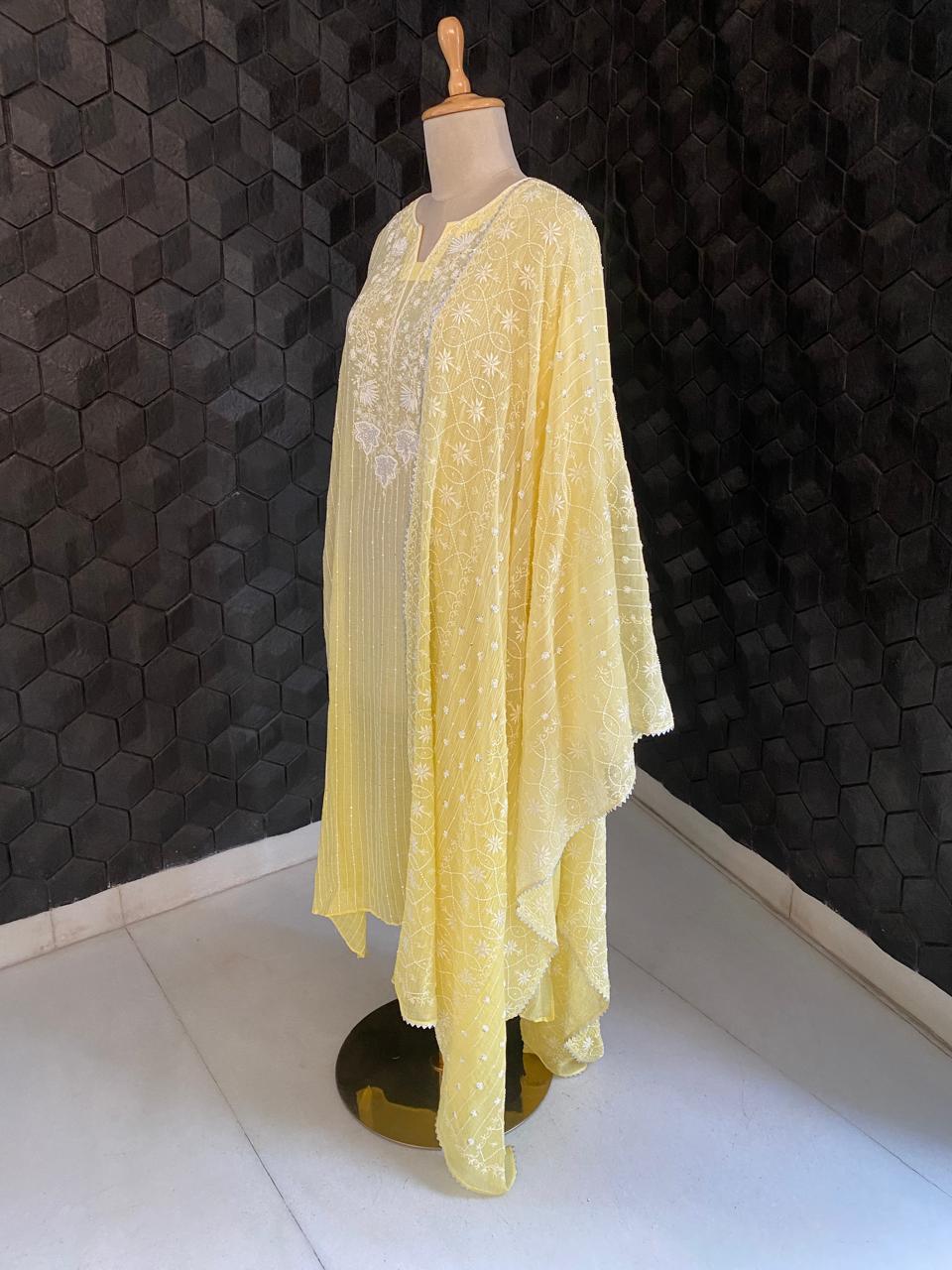 butter yellow Mul Chanderi Chikankari Kurta Set