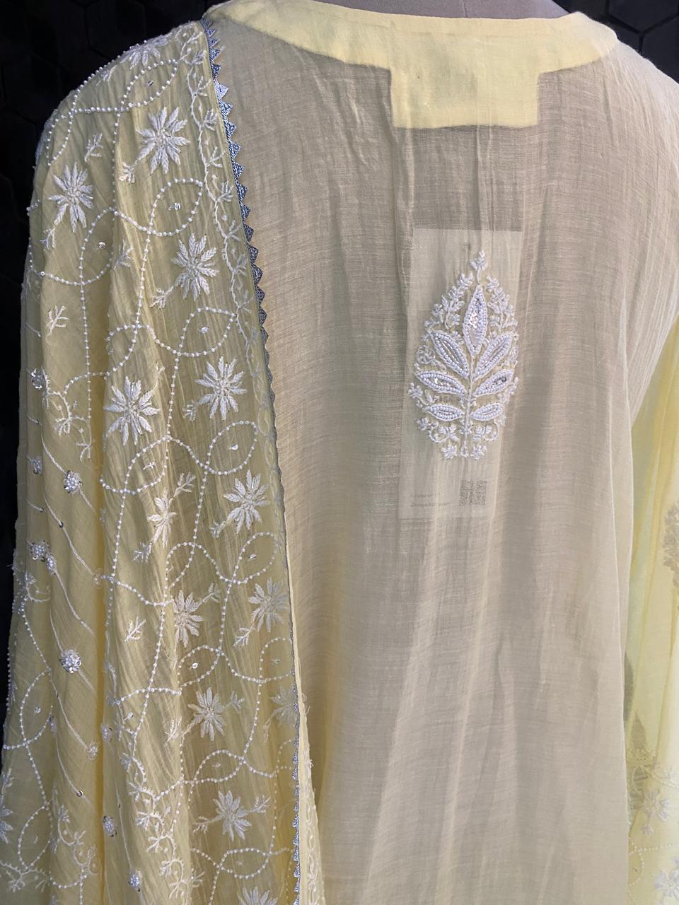 butter yellow Mul Chanderi Chikankari Kurta Set