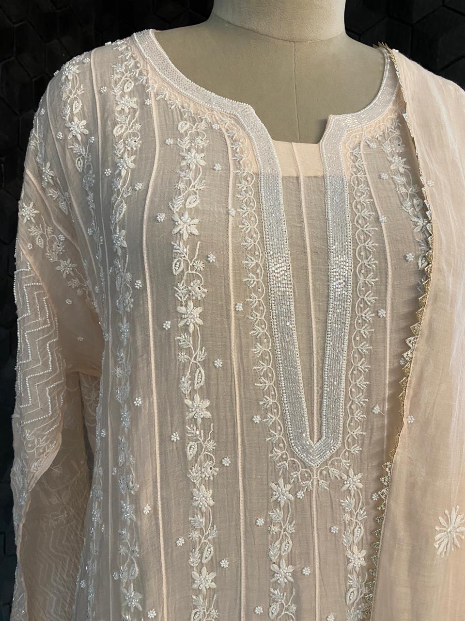Peach Mul chanderi Chikankari Anarkali Kurta Set
