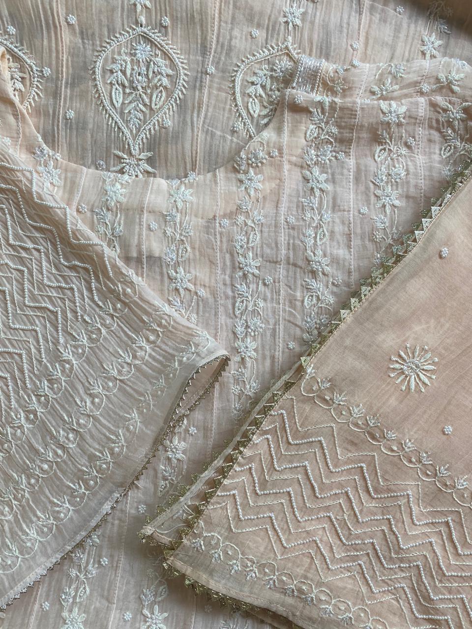 Peach Mul chanderi Chikankari Anarkali Kurta Set