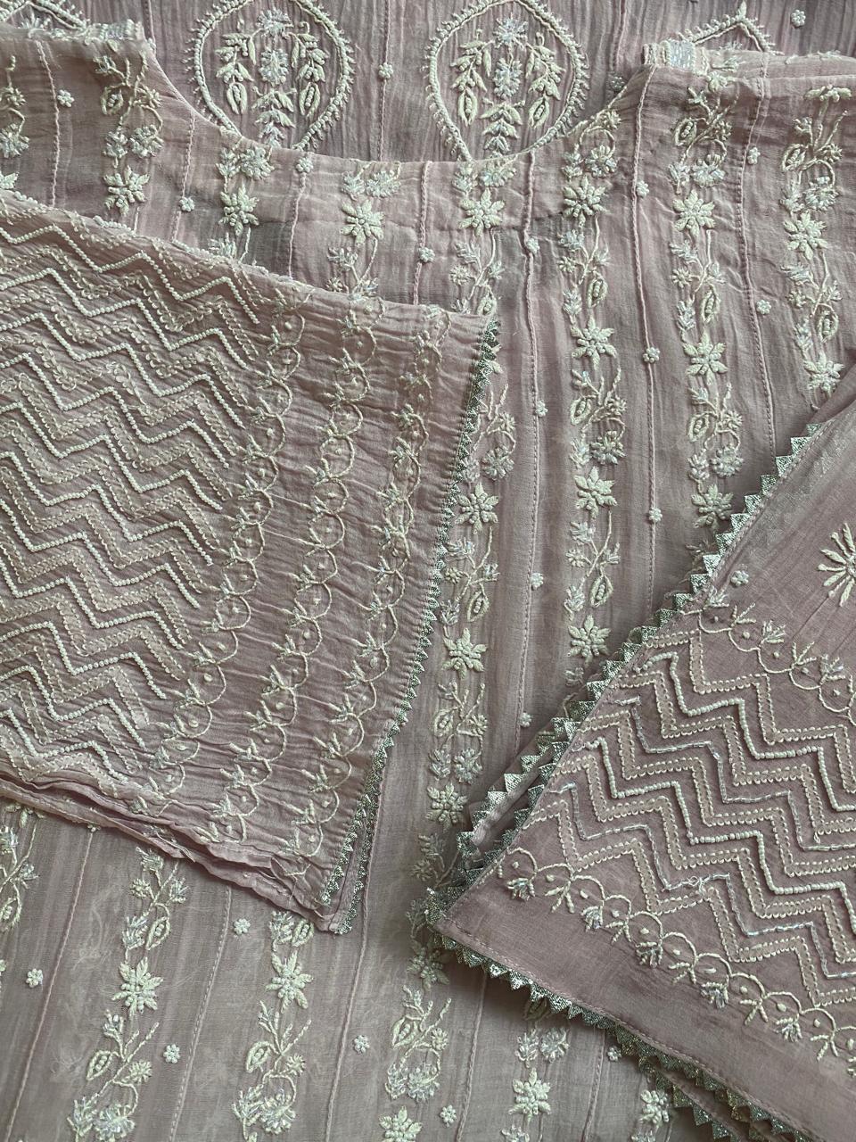 Lilac Mul chanderi chikankari  Anarkali kurta set