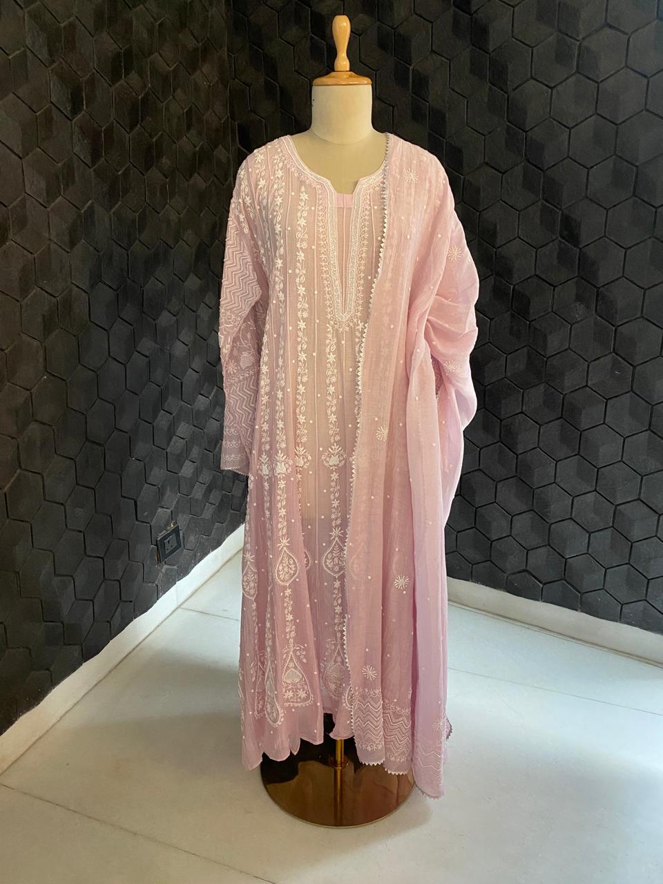 Lilac Mul chanderi chikankari  Anarkali kurta set