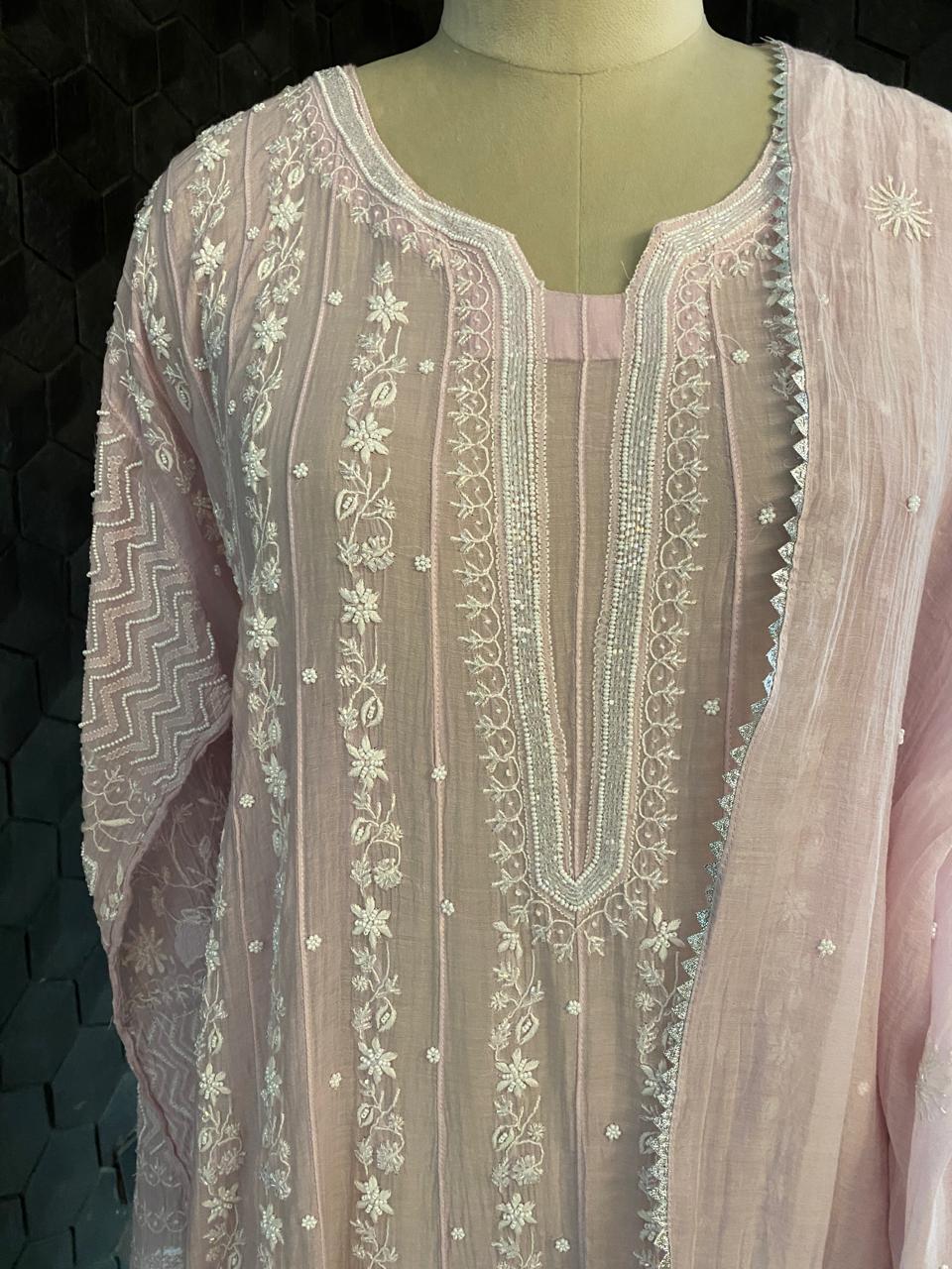 Lilac Mul chanderi chikankari  Anarkali kurta set