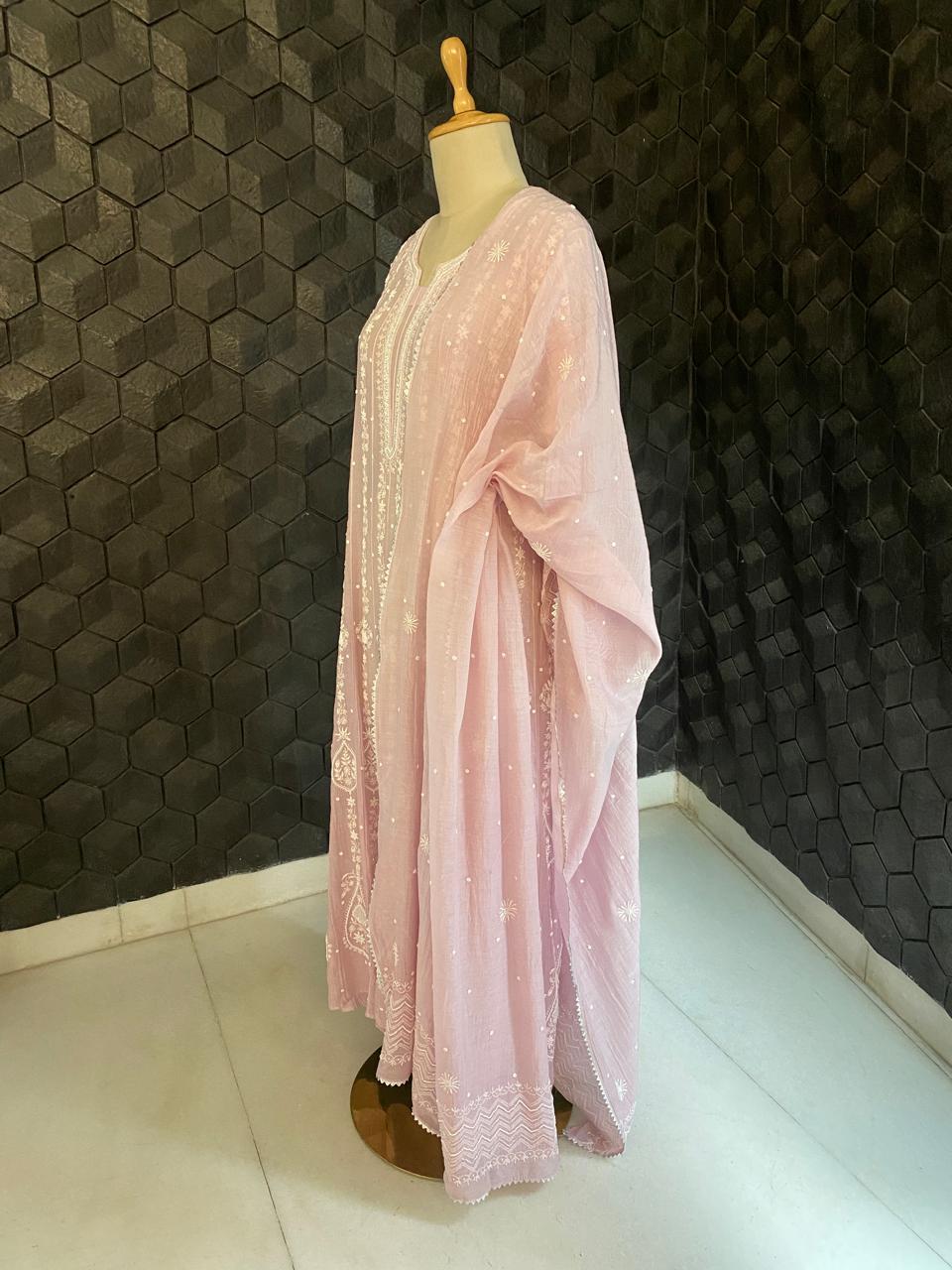 Lilac Mul chanderi chikankari  Anarkali kurta set