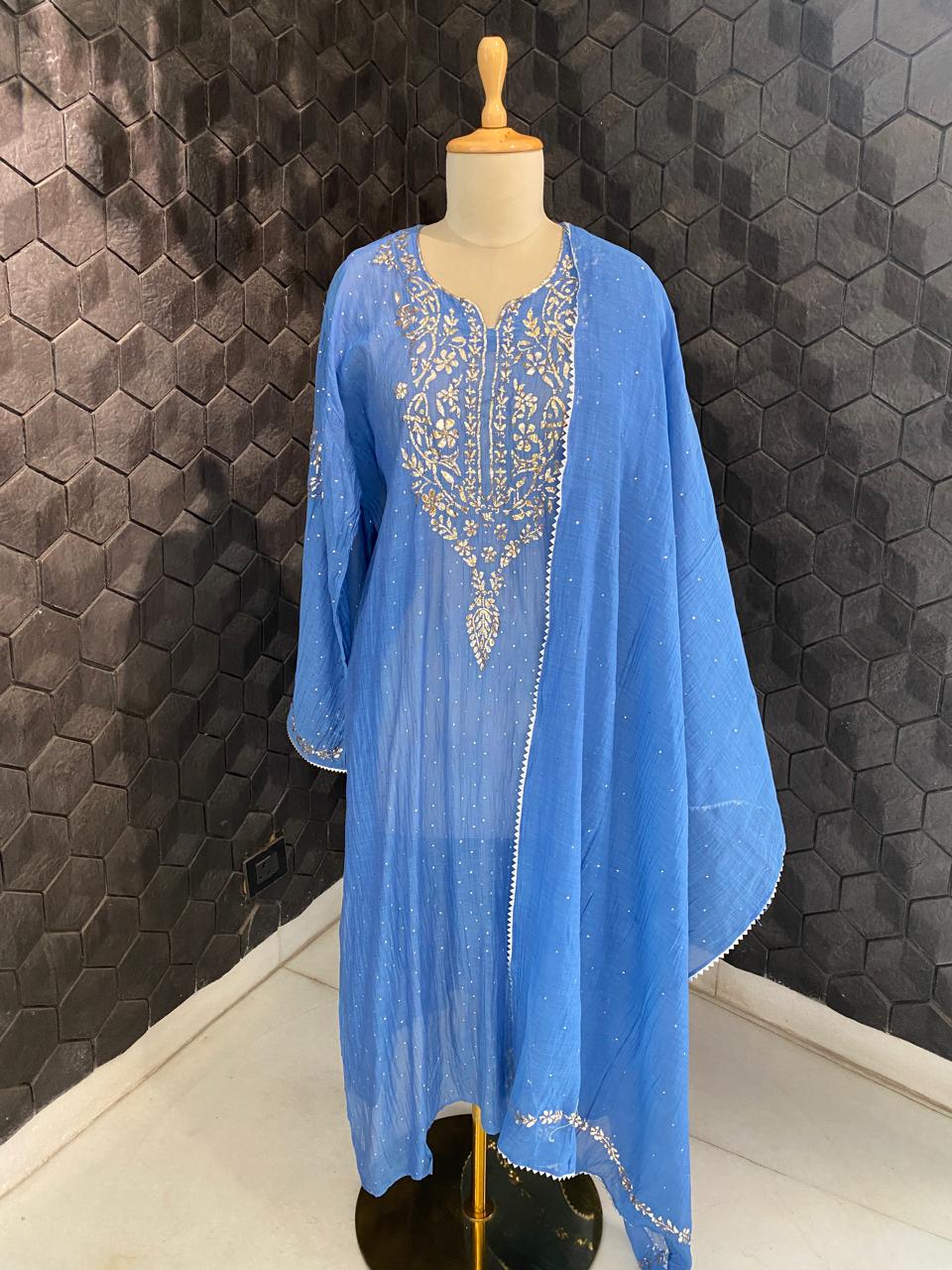 Blue Mul Chanderi Mukaish Kurta Set