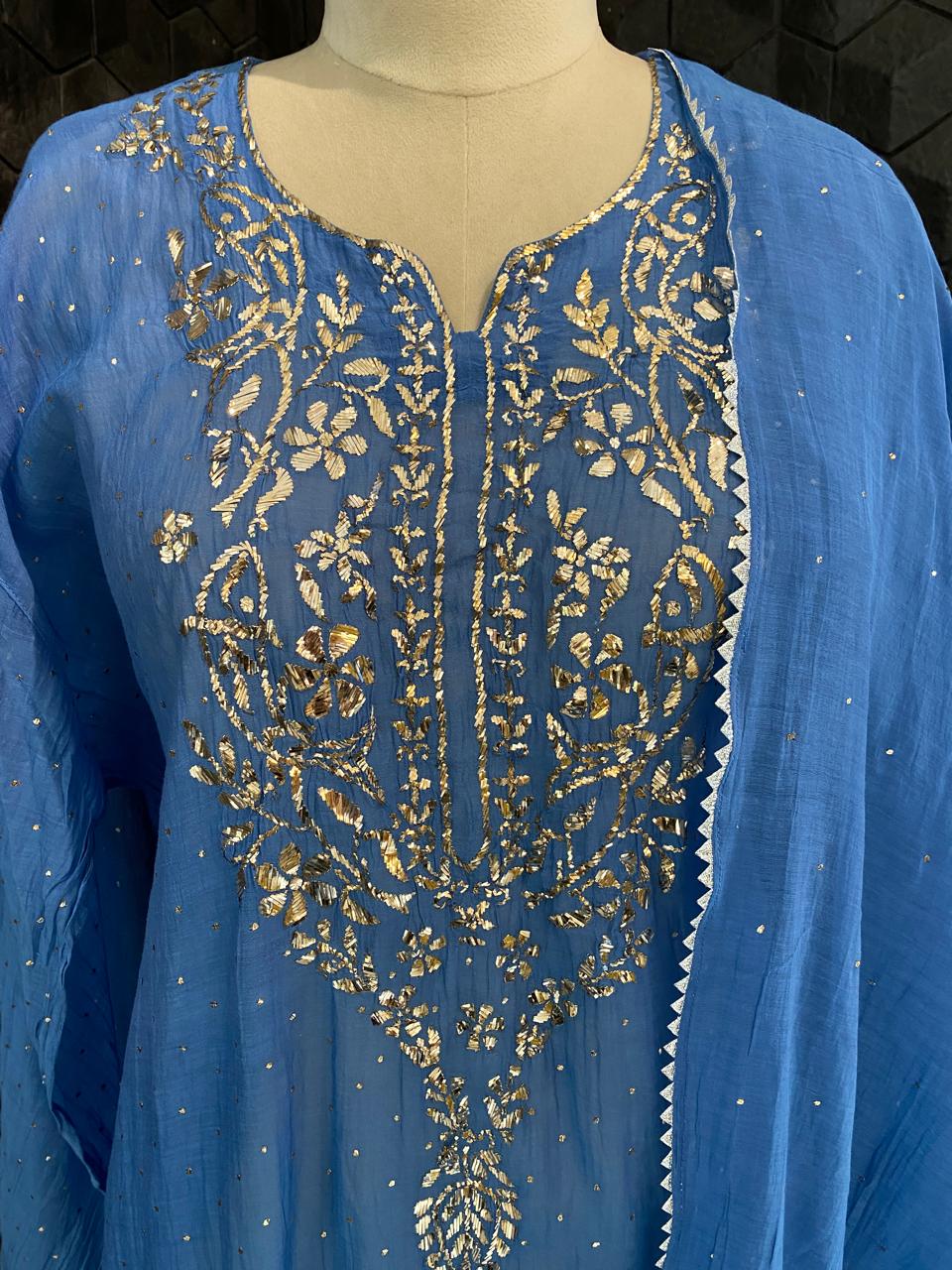 Blue Mul Chanderi Mukaish Kurta Set