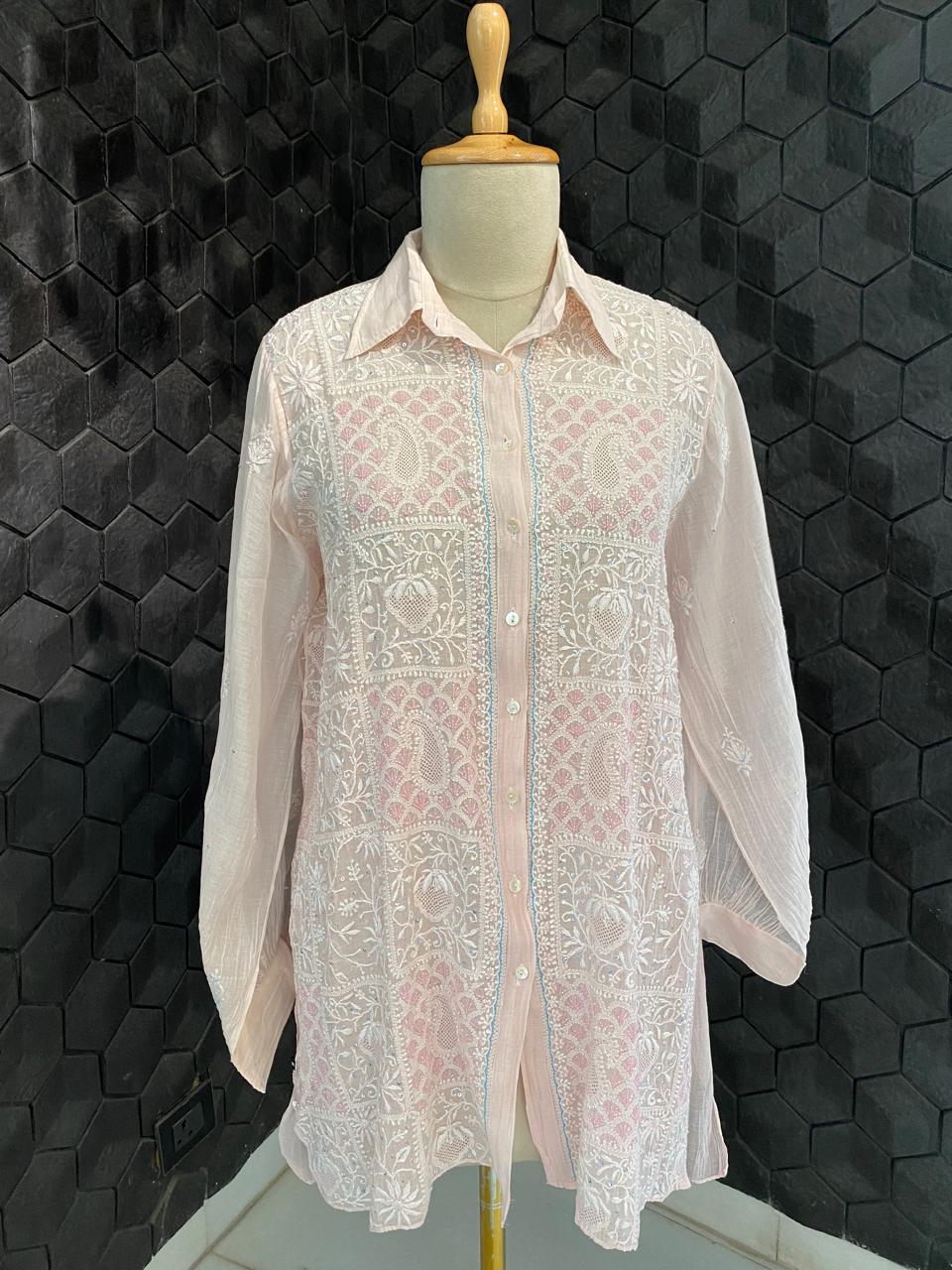 Pink tissue chikankari shirt