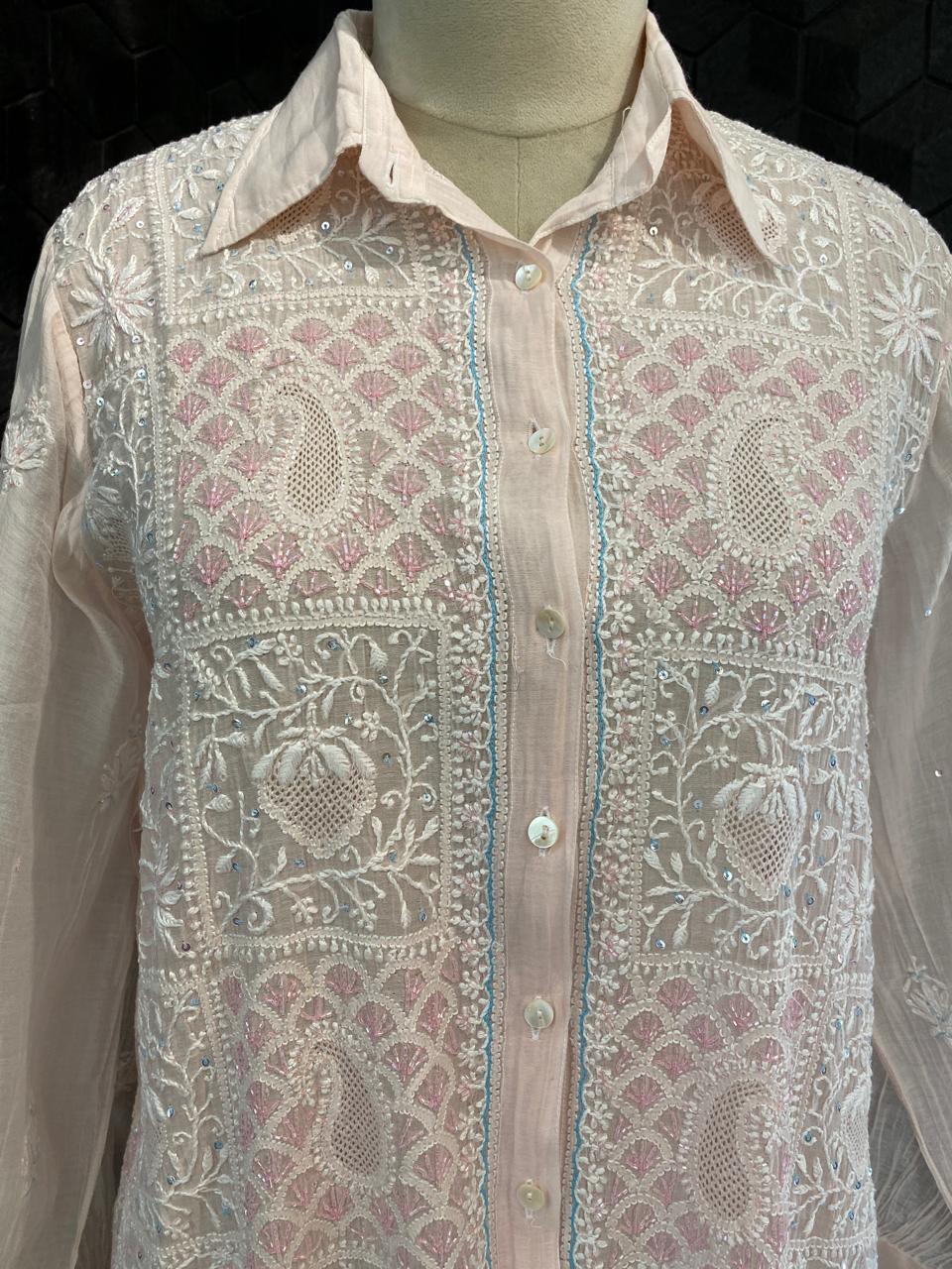 Pink tissue chikankari shirt