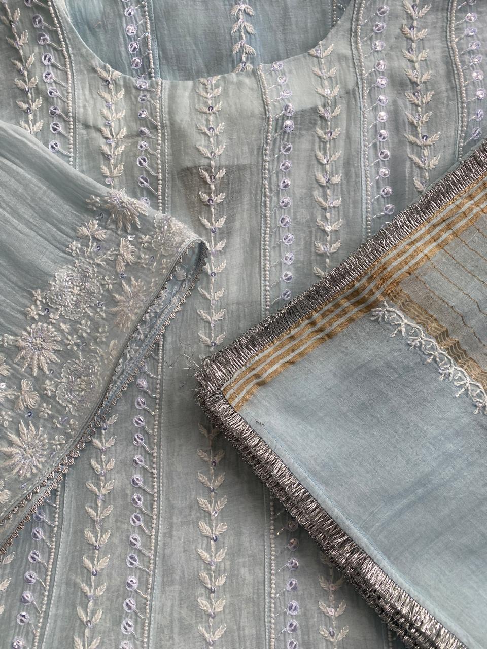 sky blue Mul Chanderi Anarkali kurta set