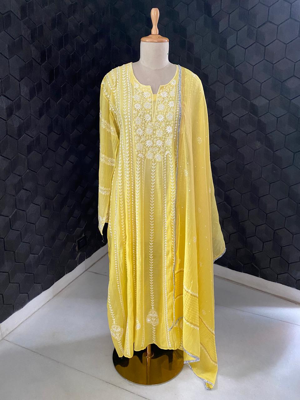Yellow Mul Chanderi Anarkali kurta set