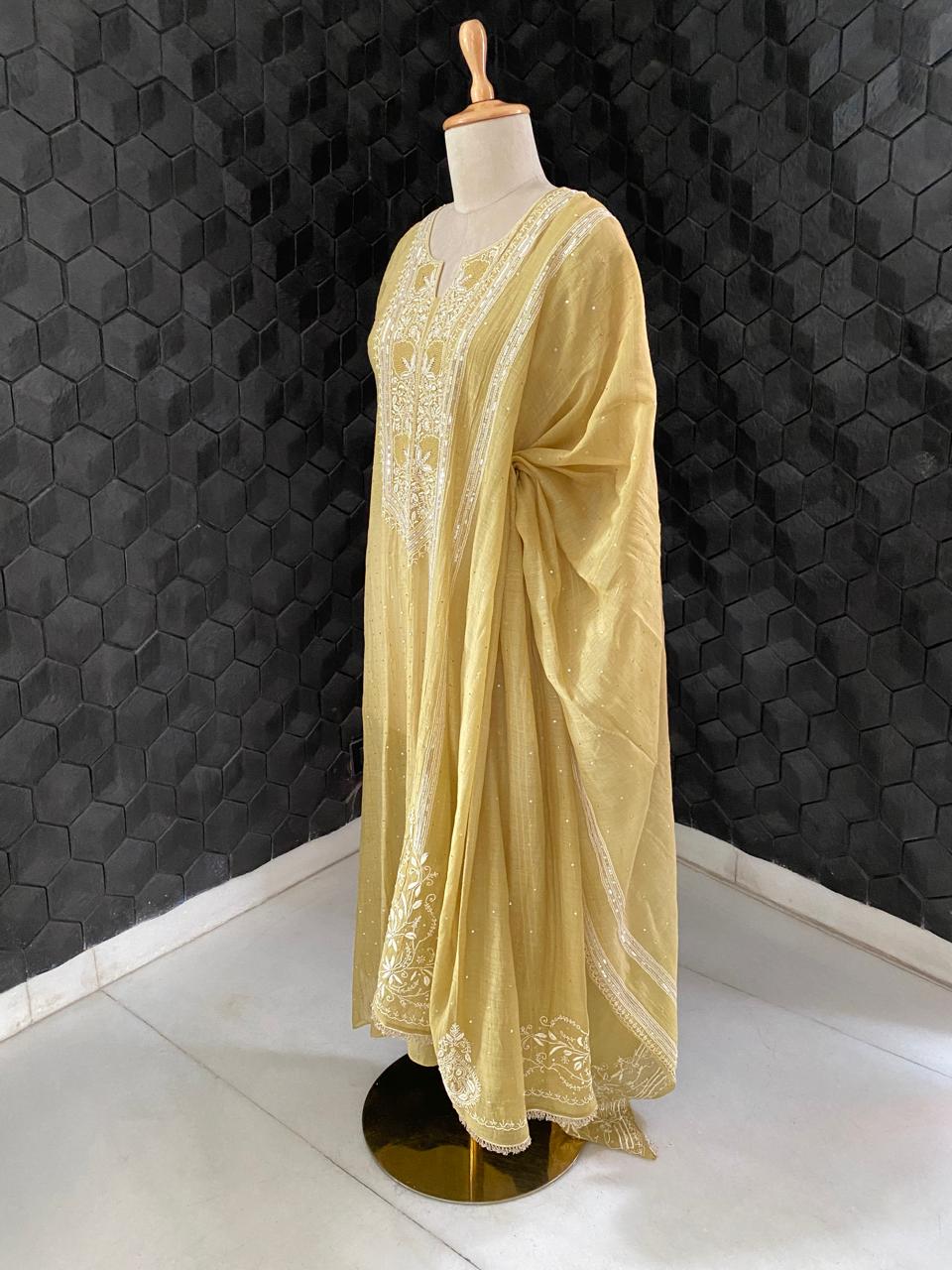 Pista green mul chanderi chikankari kurta set