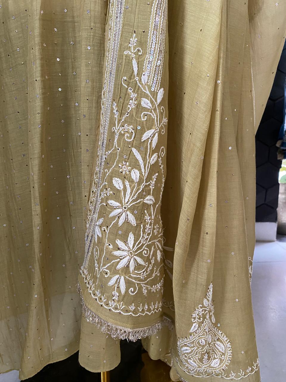 Pista green mul chanderi chikankari kurta set