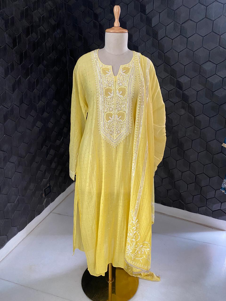 yellow mul chanderi chikankari kurta set