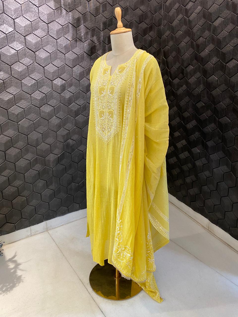 yellow mul chanderi chikankari kurta set