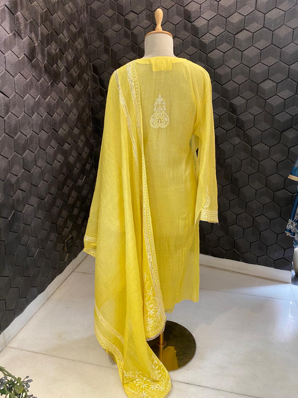 yellow mul chanderi chikankari kurta set