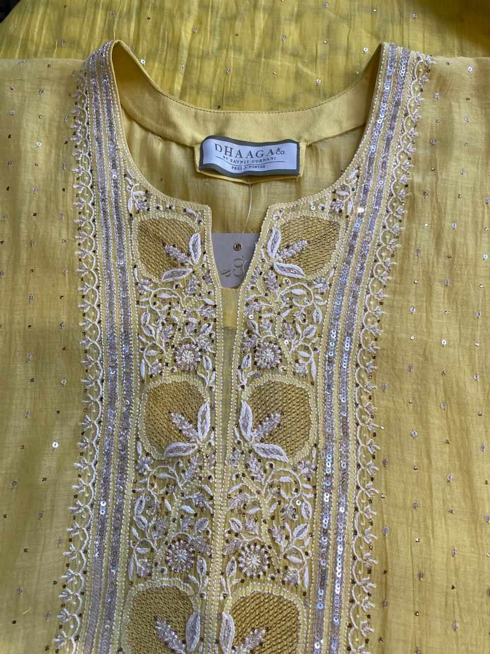 yellow mul chanderi chikankari kurta set