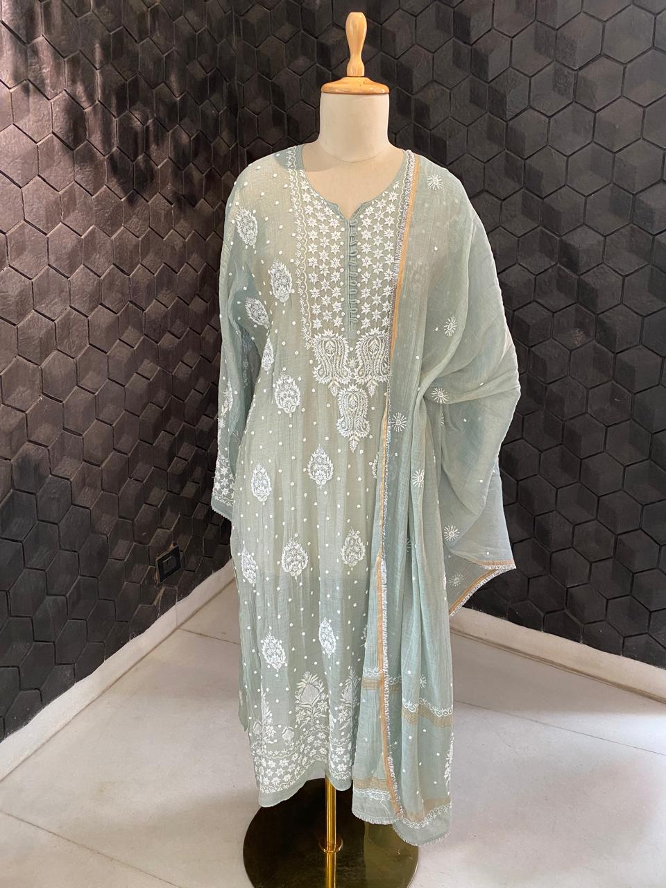 Mint Green Golden Tissue Chikankari Kurta Set