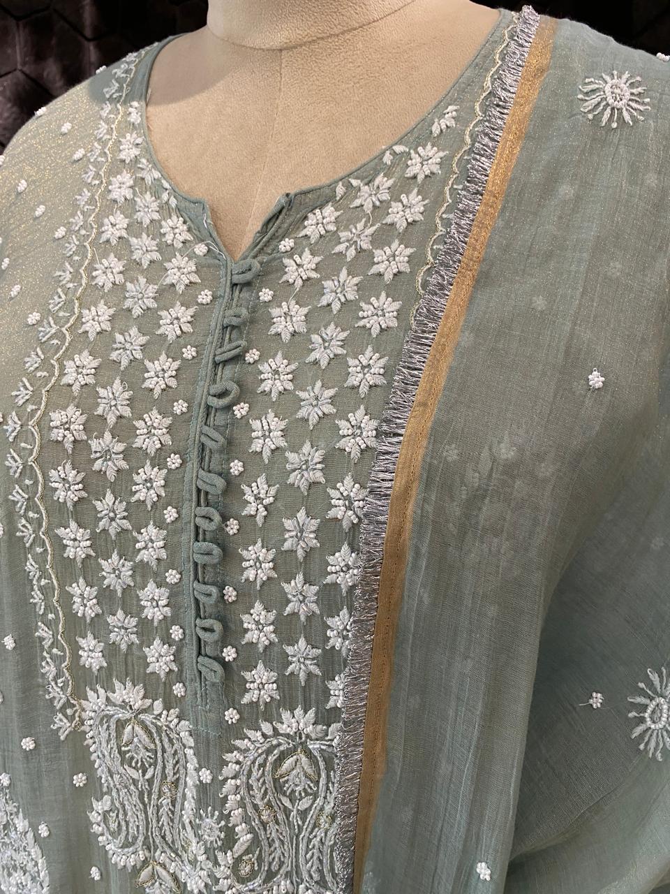 Mint Green Golden Tissue Chikankari Kurta Set