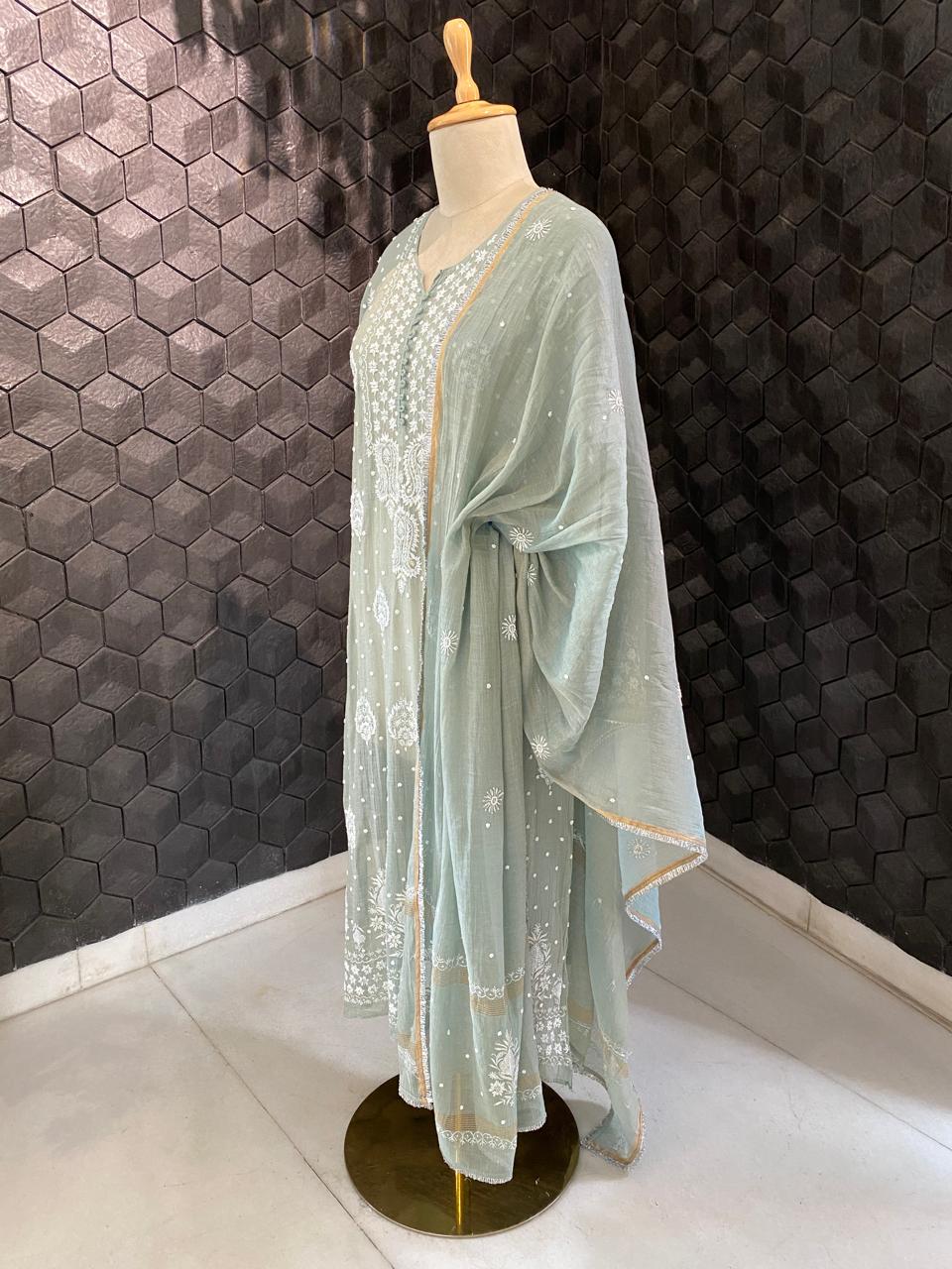 Mint Green Golden Tissue Chikankari Kurta Set